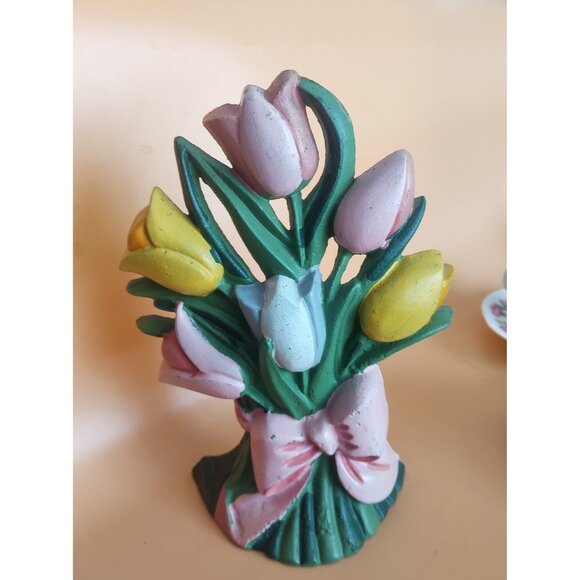 Hand Painted Brass Doorstop Tulips 9 1/2" Tall x 7 1/2" wide - Picture 1 of 10